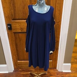 MSK Blue and White Long Sleeve Cold Shoulder Dress